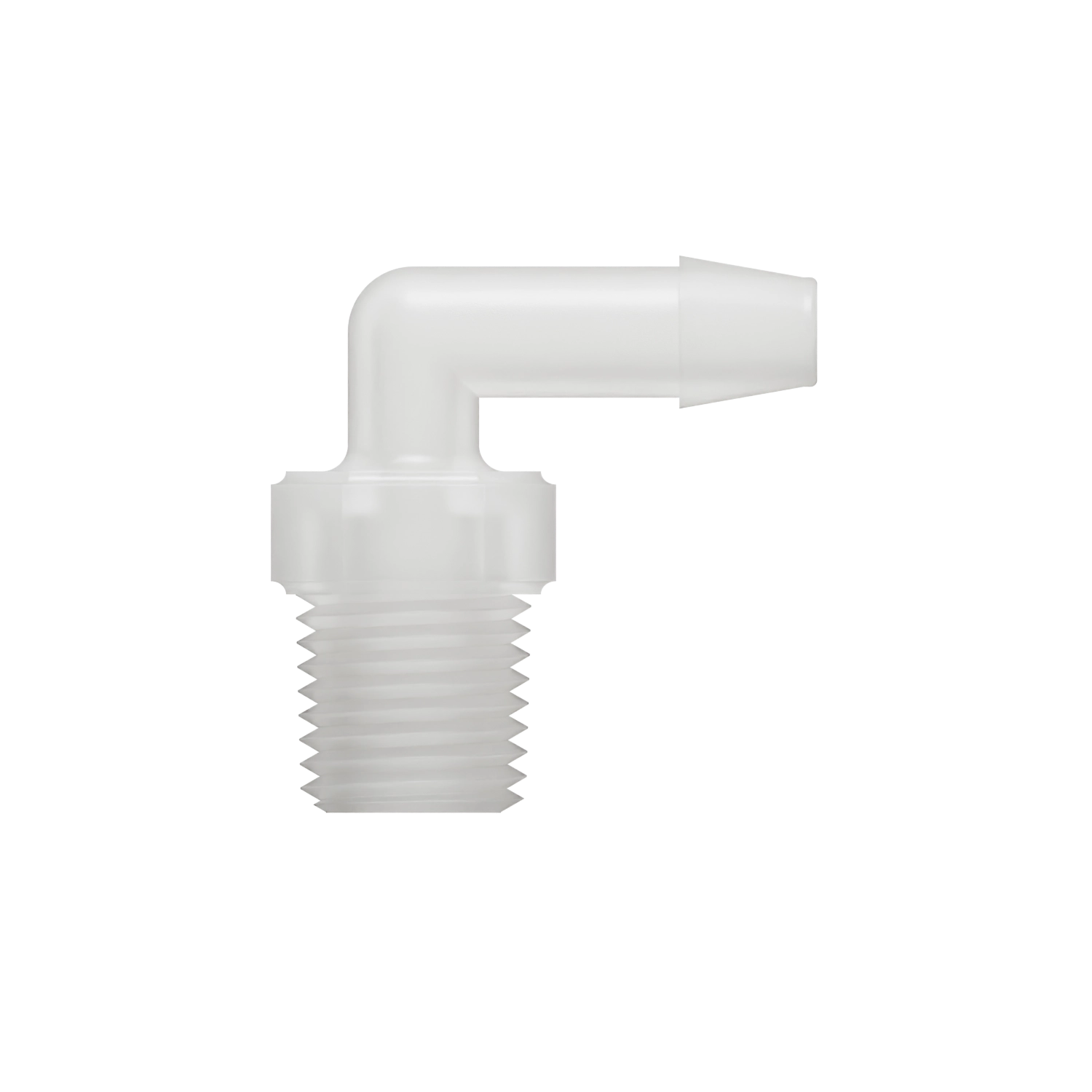 1/4 x 1/4-18 NPT Barbed Fitting to Thread Elbow, Kynar, Natural